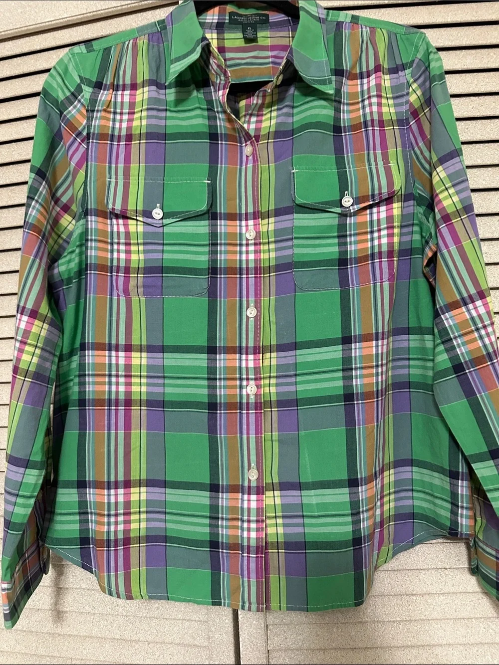 Ralph Lauren Green Plaid Button-Up Shirt with Purple and Teal Stripes - Picture 1 of 1